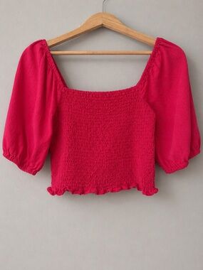 Pink Smocked Crop Top Puff Sleeve Linen Blend Women’s S
